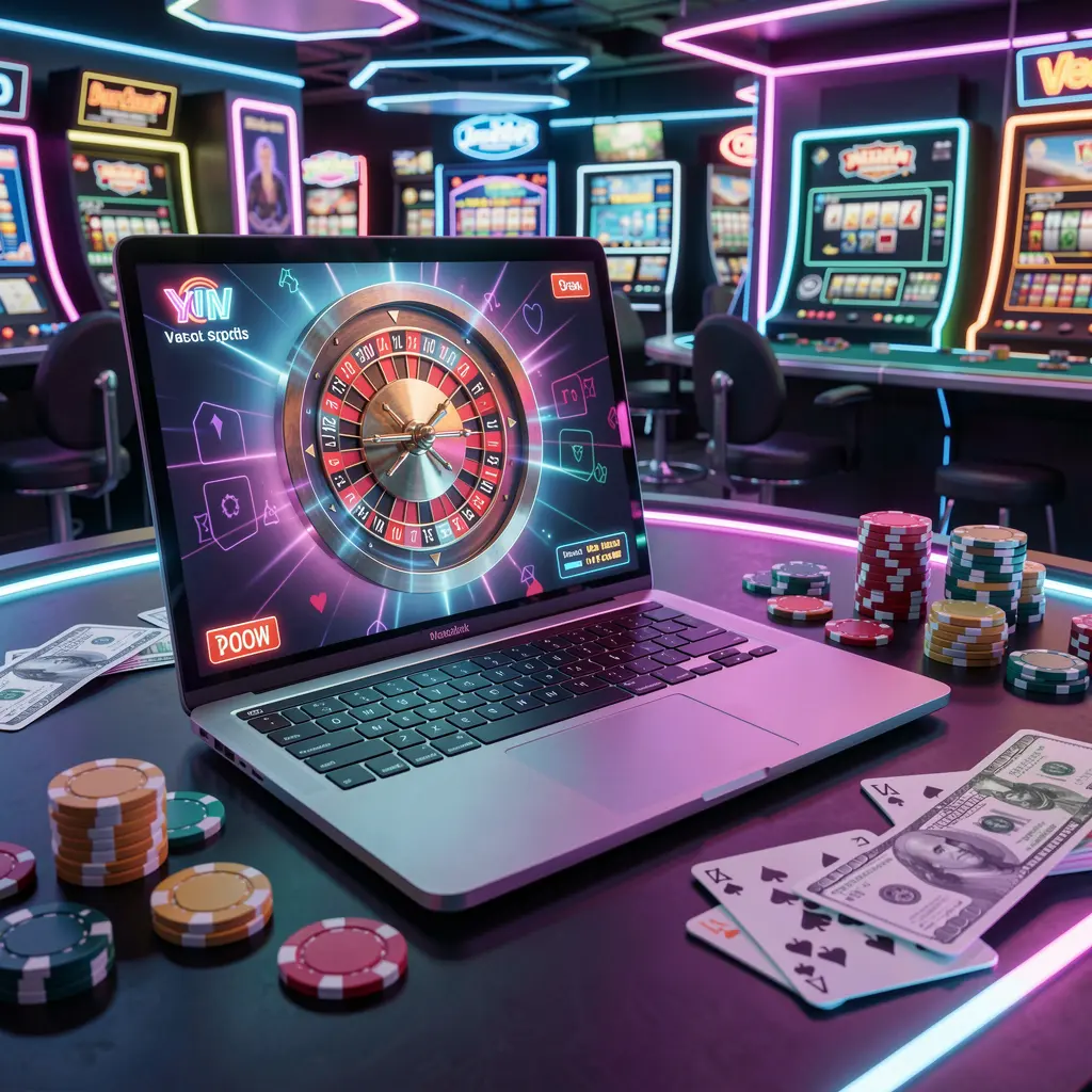 Bright neon roulette wheel displayed on a modern laptop surrounded by casino chips and cards reflecting the thrilling online casino atmosphere of GV55 in Bangladesh