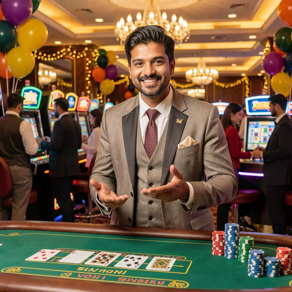 Professional Bangladeshi casino dealer inviting players to join a live table with glowing chips and cards symbolizing secure GV55 login